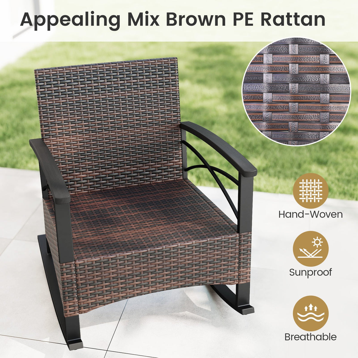 3 Piece Rocking Bistro Set PE Rattan Rocker Chairs with Acacia Wood Top Table