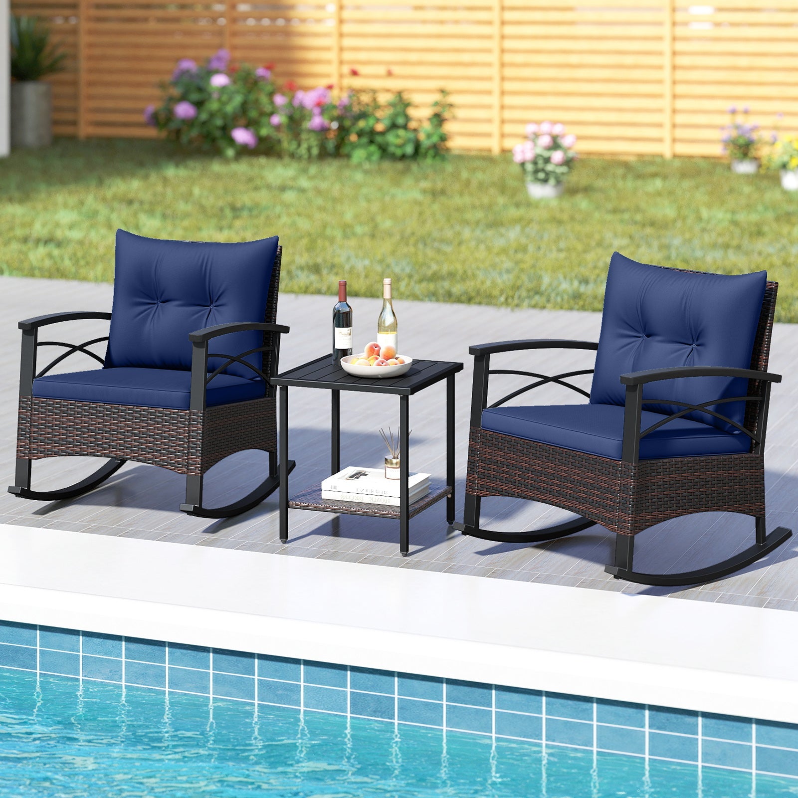 3 Piece Rocking Bistro Set PE Rattan Rocker Chairs with Acacia Wood Top Table