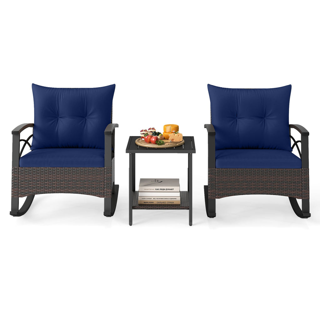 3 Piece Rocking Bistro Set PE Rattan Rocker Chairs with Acacia Wood Top Table
