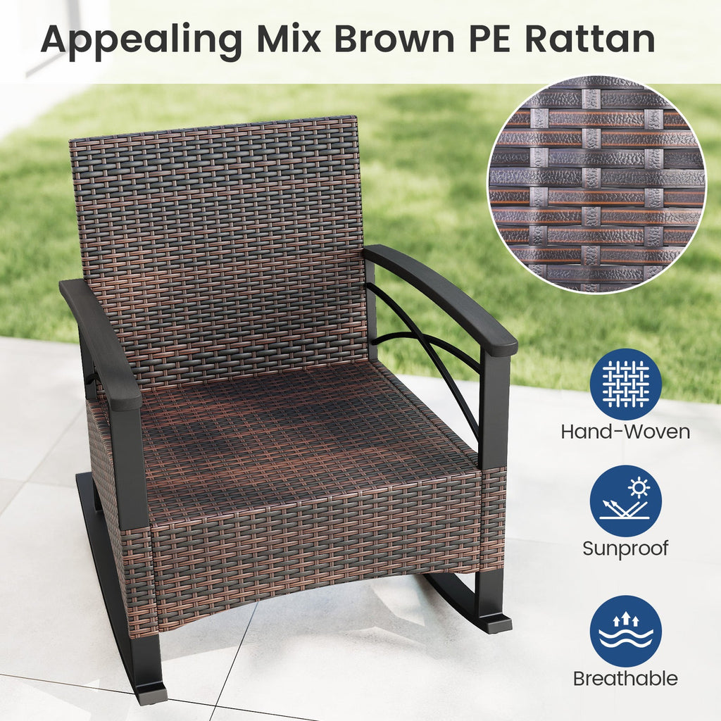 3 Piece Rocking Bistro Set PE Rattan Rocker Chairs with Acacia Wood Top Table