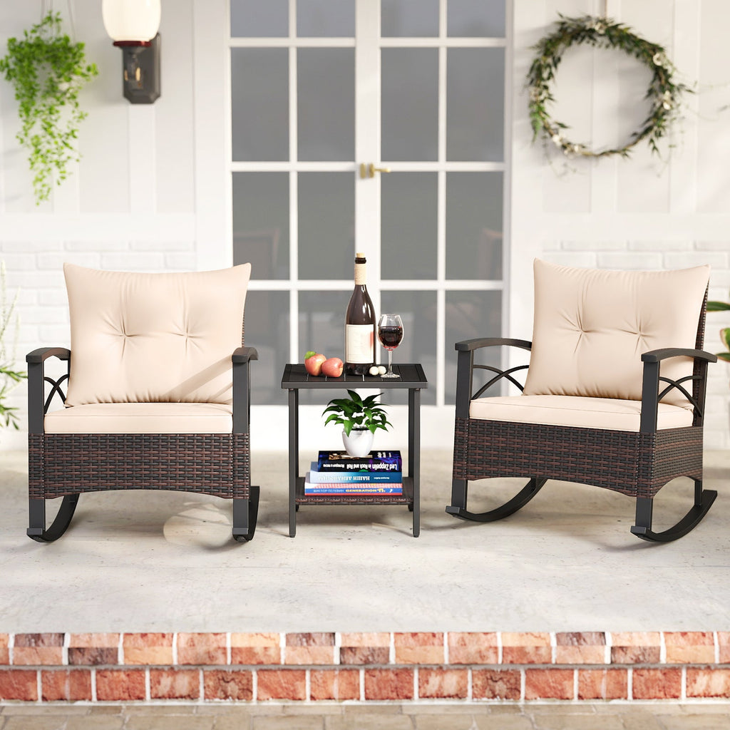 3 Piece Rocking Bistro Set PE Rattan Rocker Chairs with Acacia Wood Top Table