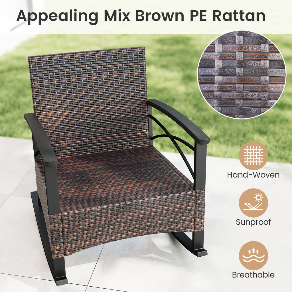 3 Piece Rocking Bistro Set PE Rattan Rocker Chairs with Acacia Wood Top Table