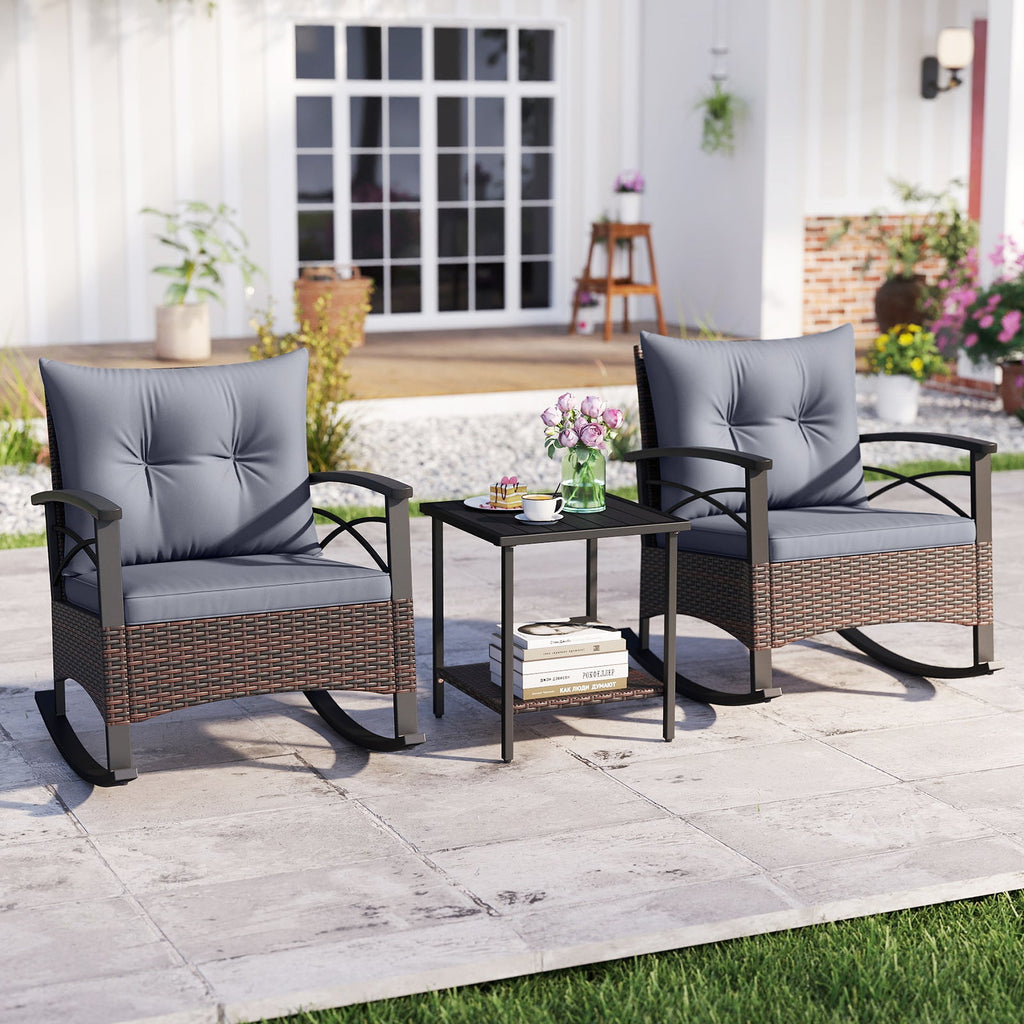 3 Piece Rocking Bistro Set PE Rattan Rocker Chairs with Acacia Wood Top Table