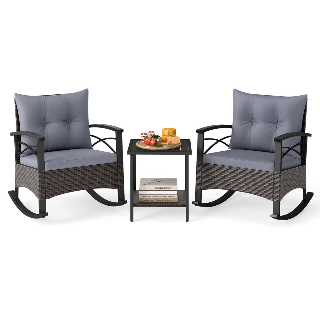3 Piece Rocking Bistro Set PE Rattan Rocker Chairs with Acacia Wood Top Table