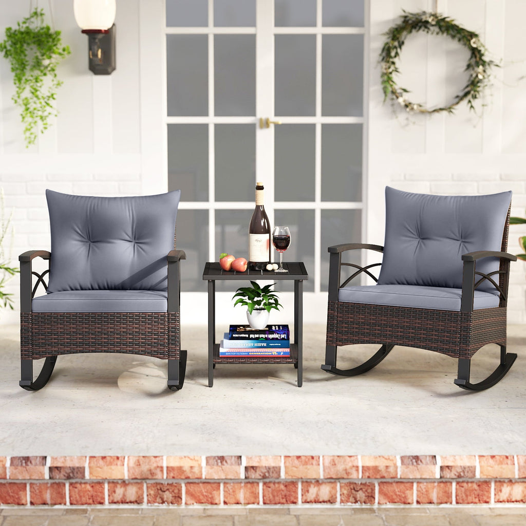 3 Piece Rocking Bistro Set PE Rattan Rocker Chairs with Acacia Wood Top Table