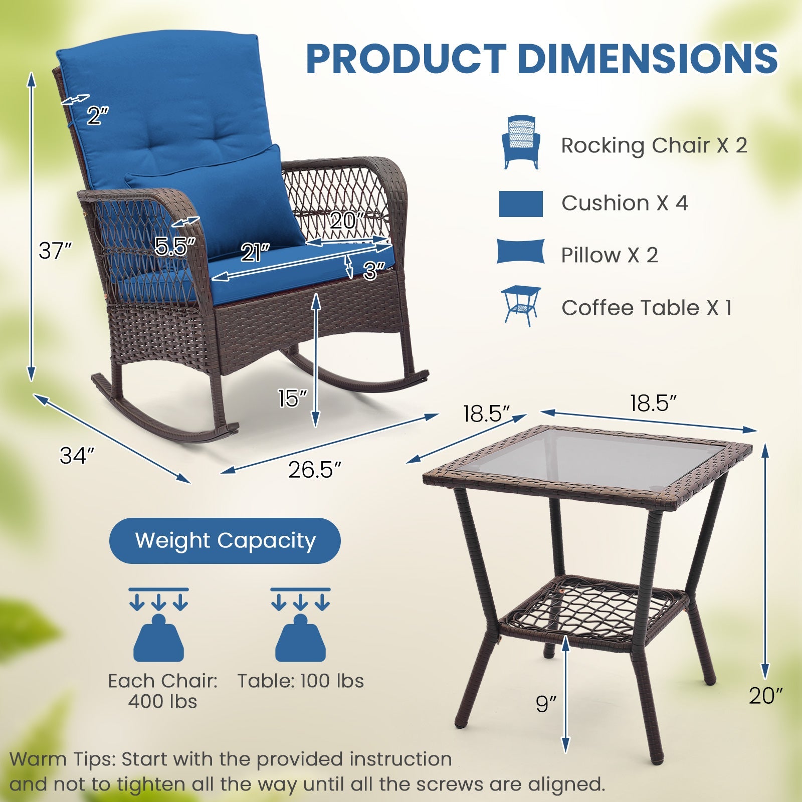 3 Pieces Rocking Bistro Set with 2-Tier Coffee Table