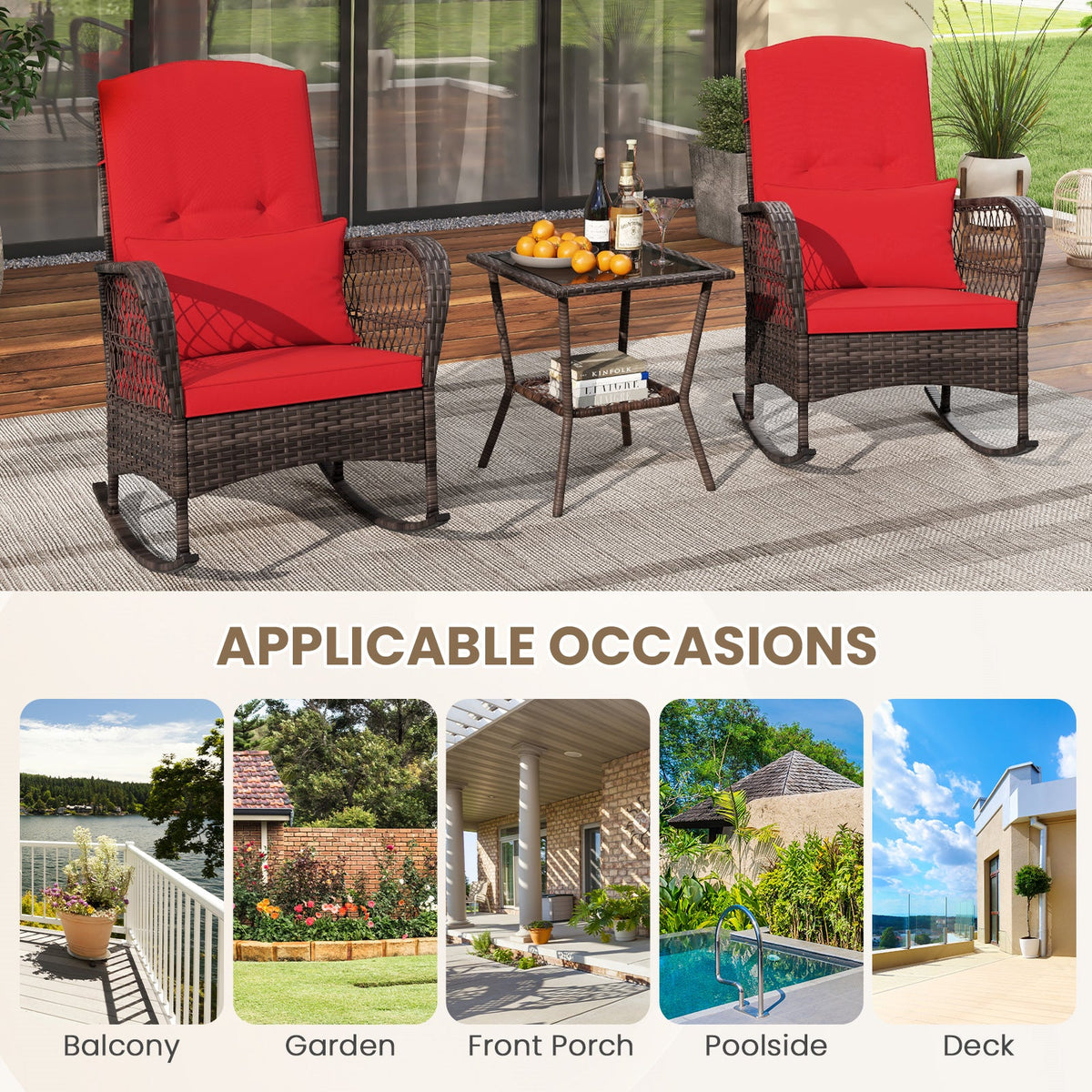 3 Pieces Rocking Bistro Set with 2-Tier Coffee Table