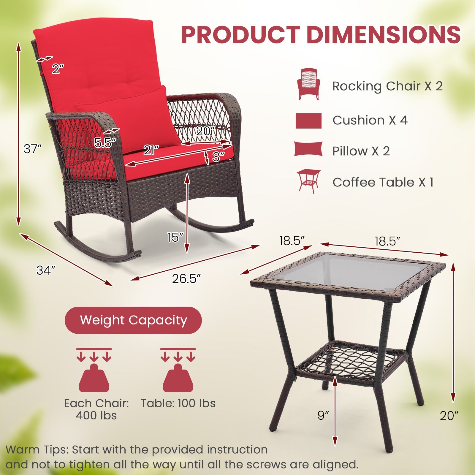 3 Pieces Rocking Bistro Set with 2-Tier Coffee Table