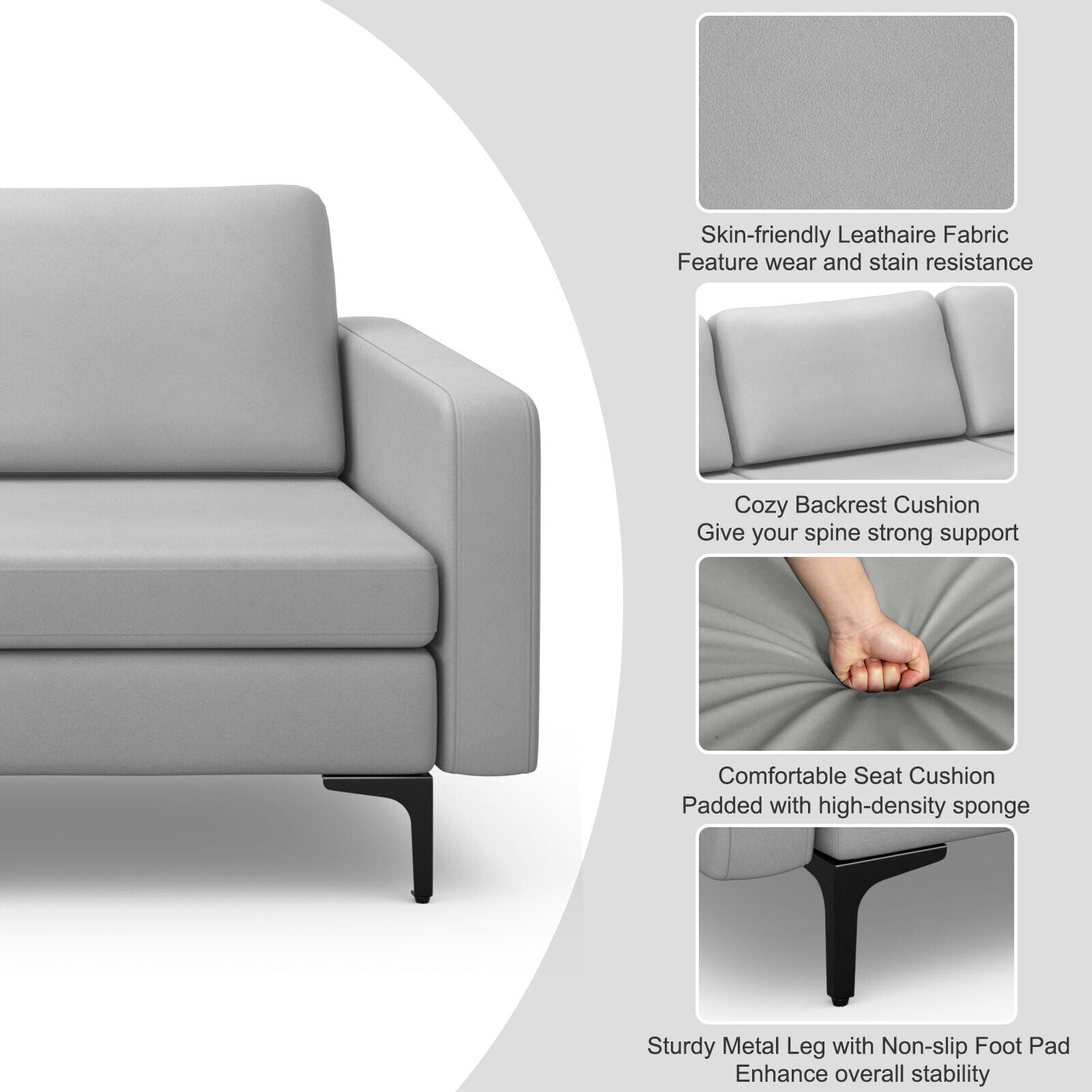 3-Seat Sectional Sofa Couch with Armrest Magazine Pocket and Metal Leg
