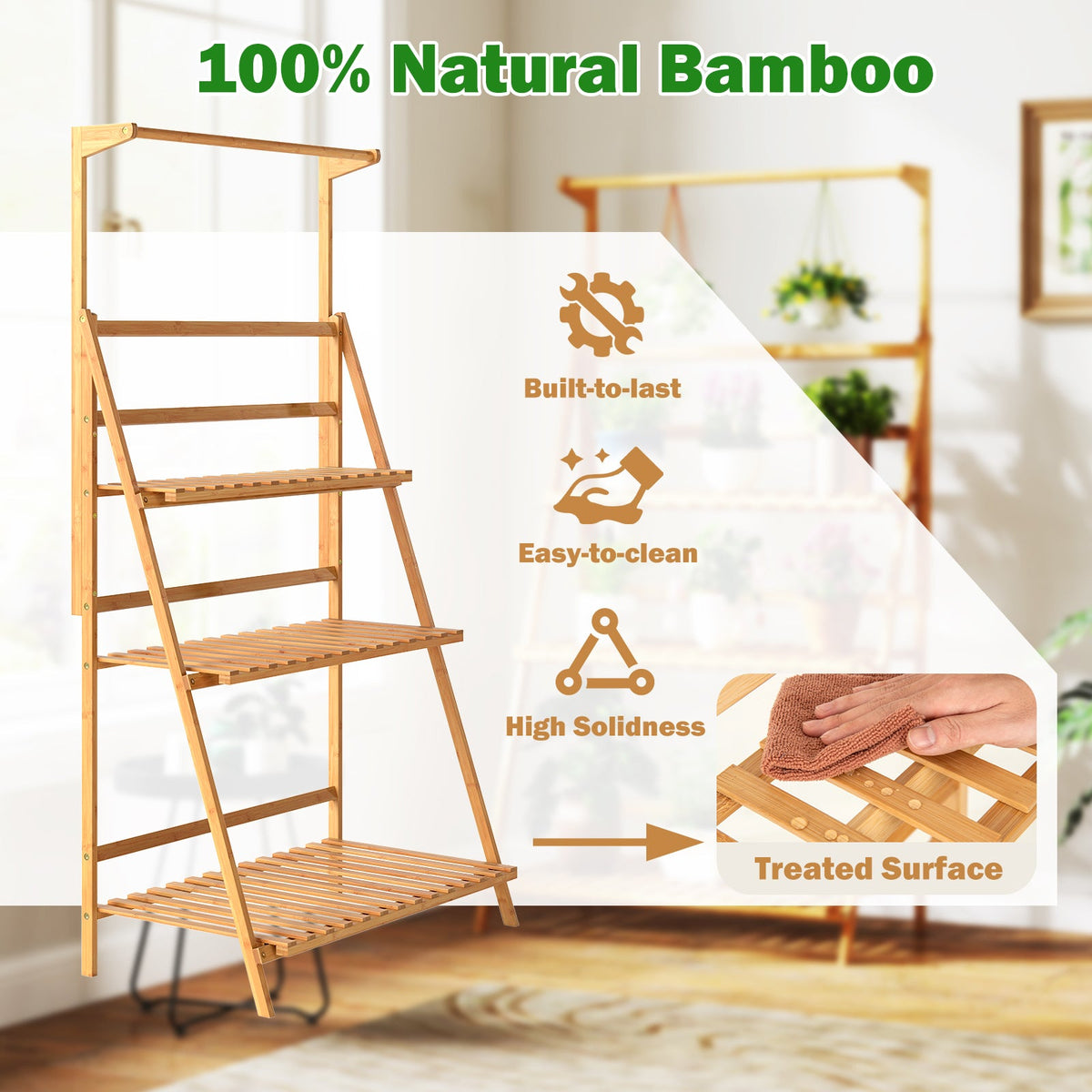 3 Tier Bamboo Hanging Plant Stand with Height Adjustable Hanger Rod-Natural
