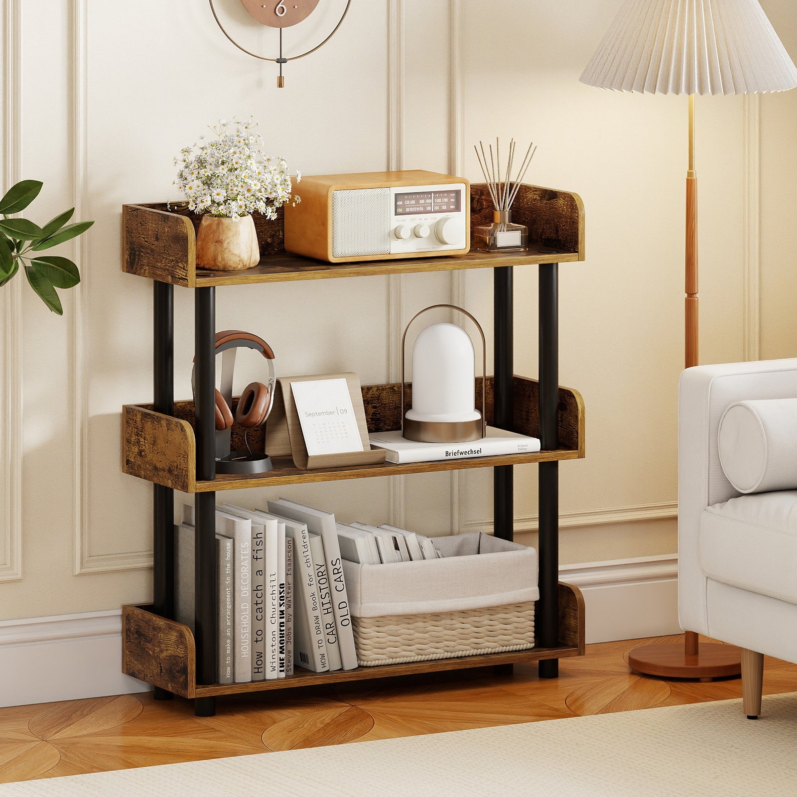 3-Tier Bookshelf with Anti-Tipping Kit and Industrial Storage Unit for Living Room