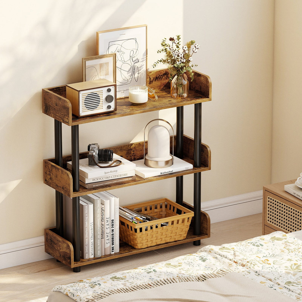 3-Tier Bookshelf with Anti-Tipping Kit and Industrial Storage Unit for Living Room