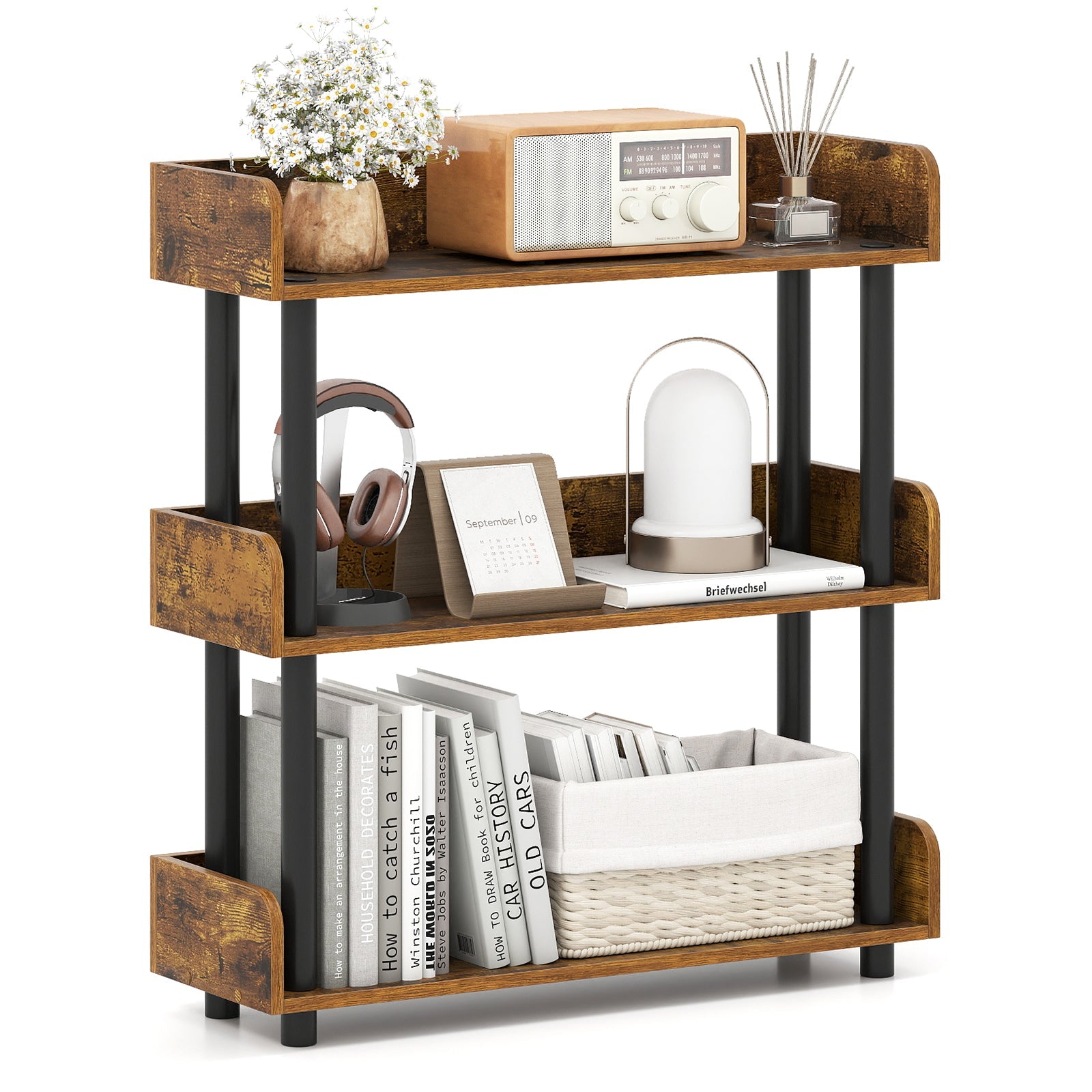 3-Tier Bookshelf with Anti-Tipping Kit and Industrial Storage Unit for Living Room