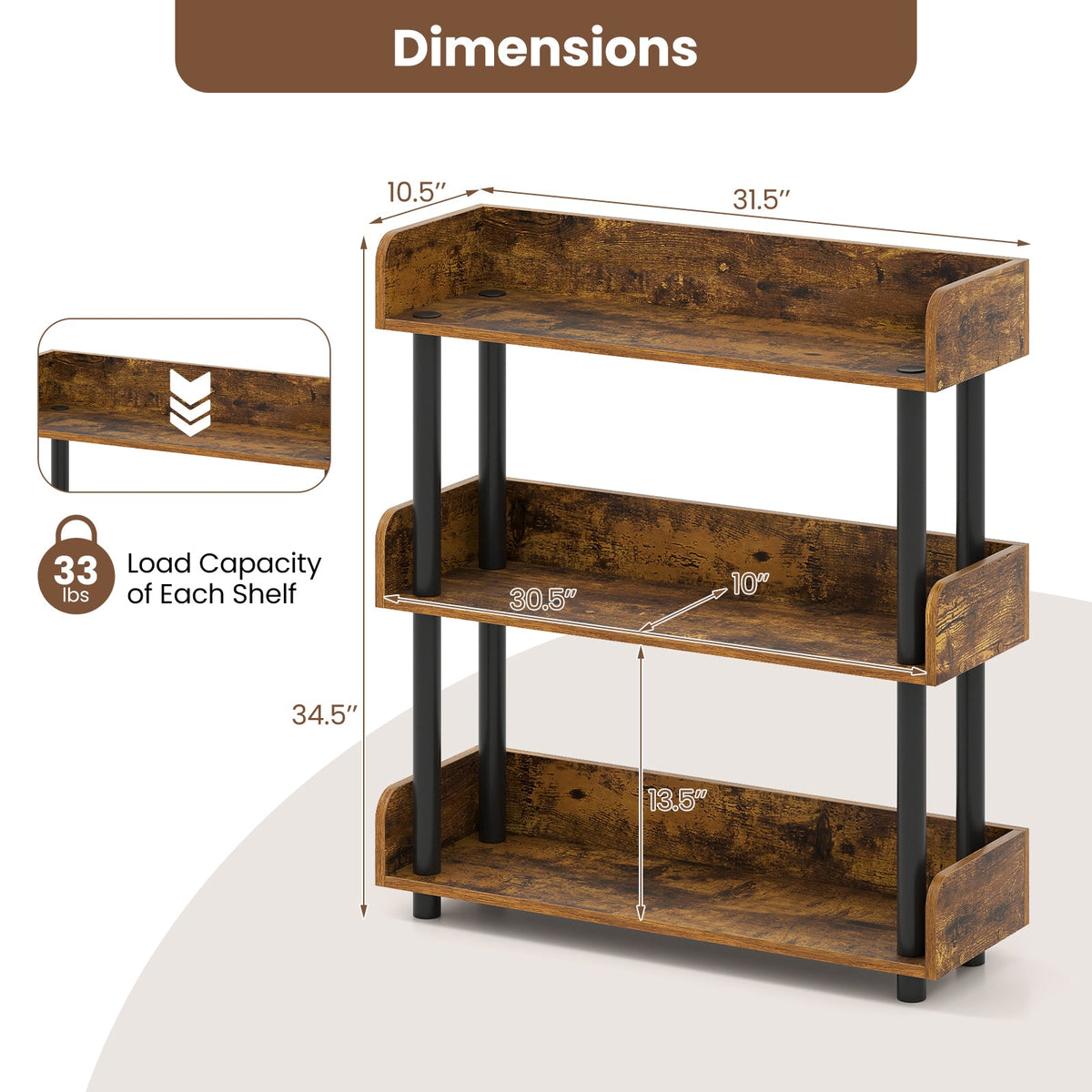 3-Tier Bookshelf with Anti-Tipping Kit and Industrial Storage Unit for Living Room