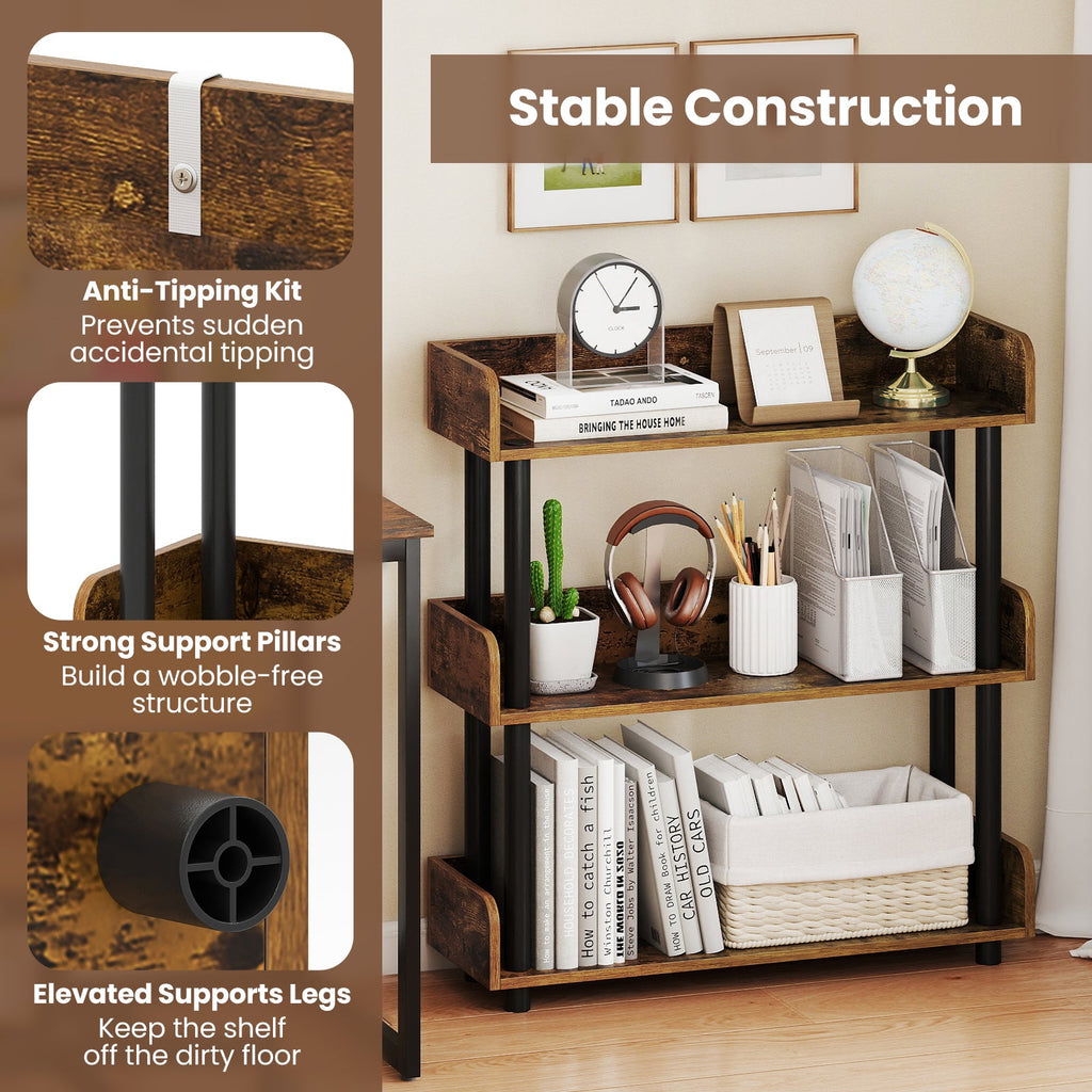3-Tier Bookshelf with Anti-Tipping Kit and Industrial Storage Unit for Living Room