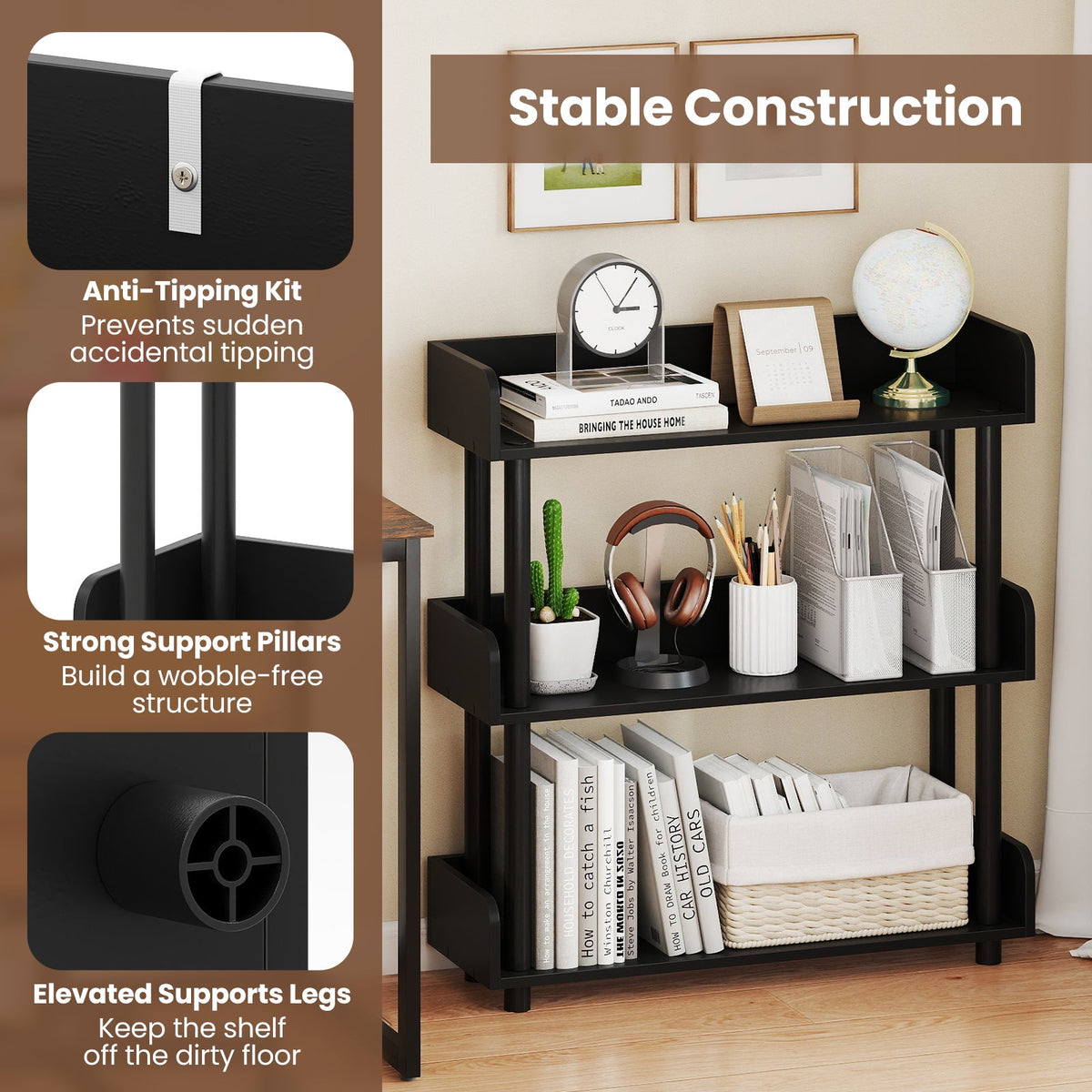 3-Tier Bookshelf with Anti-Tipping Kit and Industrial Storage Unit for Living Room