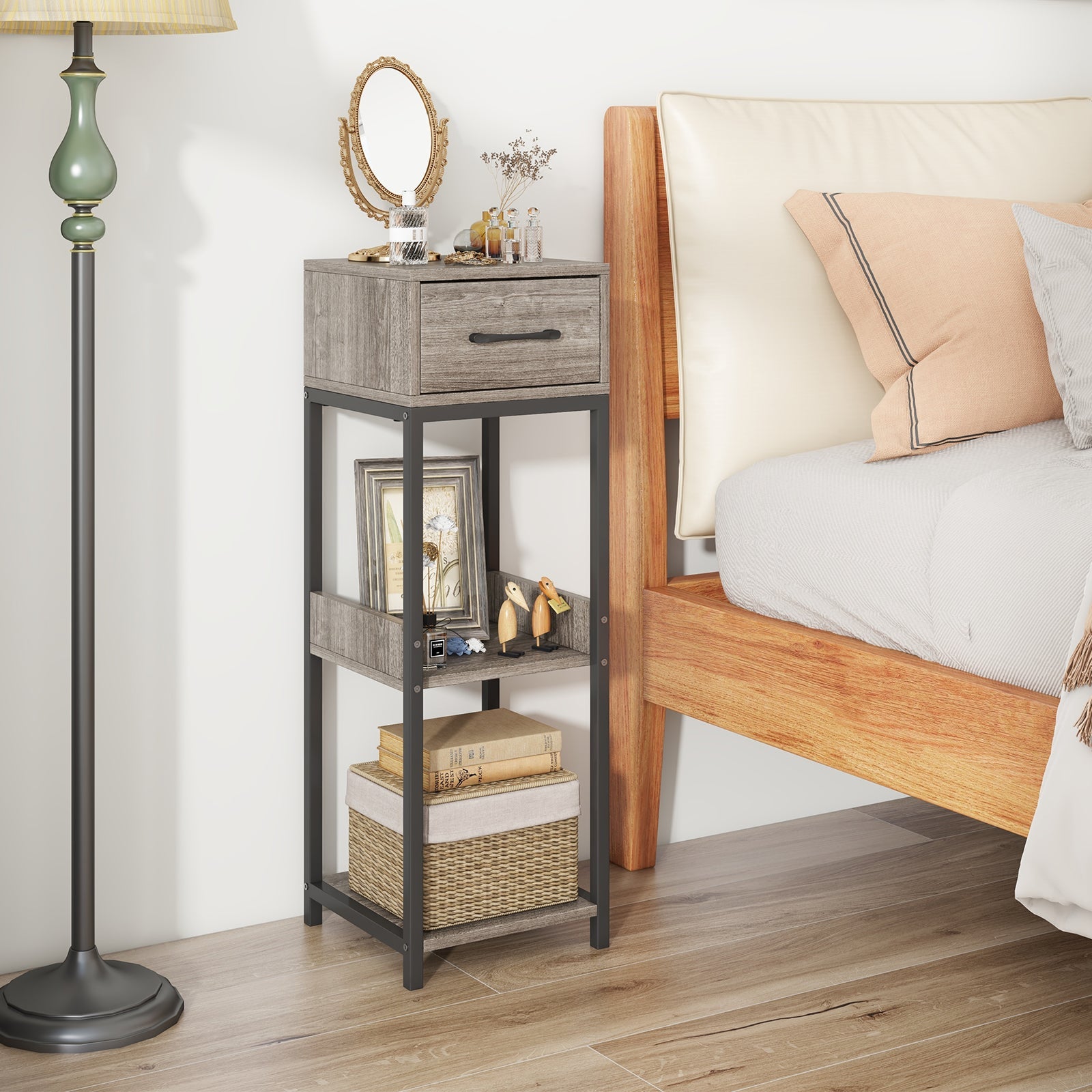 3 Tier Tall Plant Stand with Drawer Anti-tipping Devices-Gray