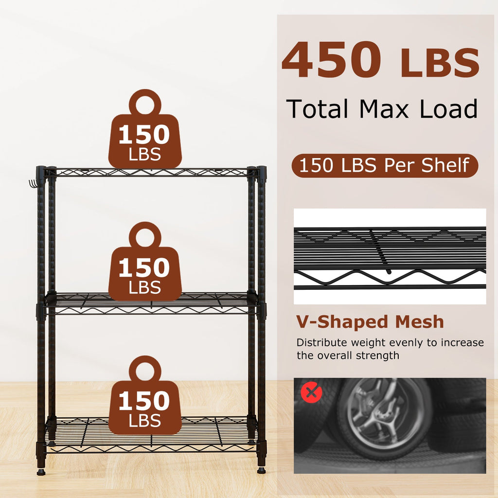 3-Tier Metal Storage Shelving Unit with V-Shaped Wire Rack and 450 LBS Capacity-Black