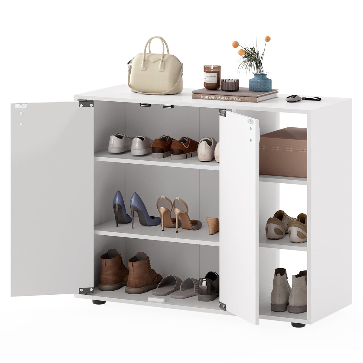 3-Tier Shoe Cabinet with Doors with Adjustable Open Shelves for Entryway