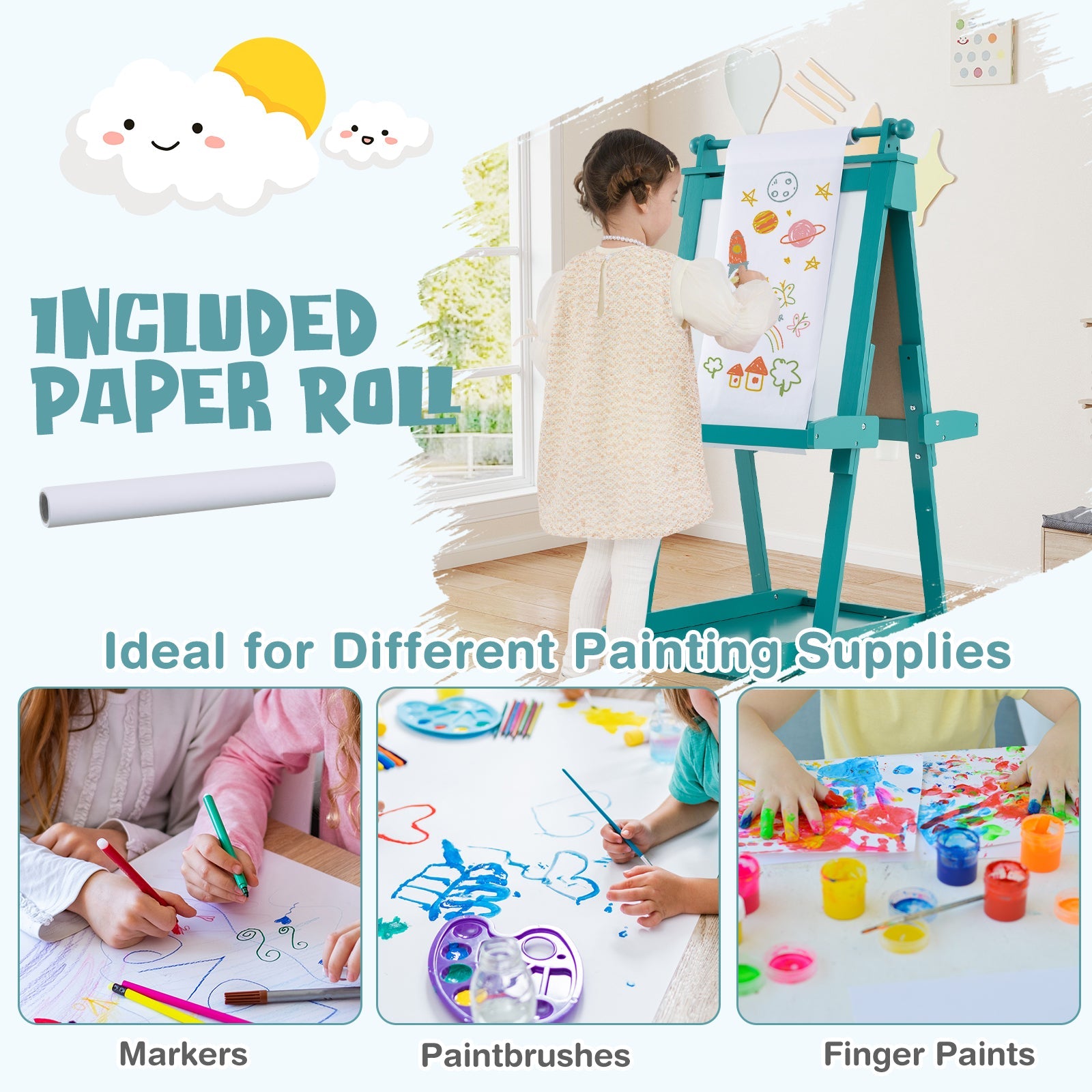 3-in-1 Double-sided Art Easel with Chalkboard and Magnetic Whiteboard