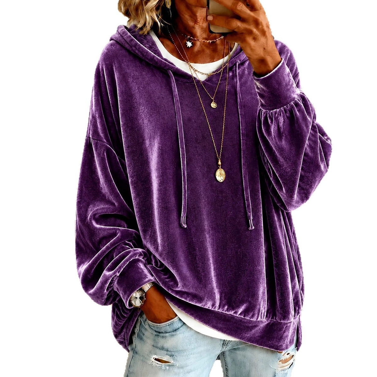 Women Casual Velvet Hooded Sweatshirt Long Sleeve Drawstring Loose Pullover Hoodie With Side Pockets Fall Winter Tops