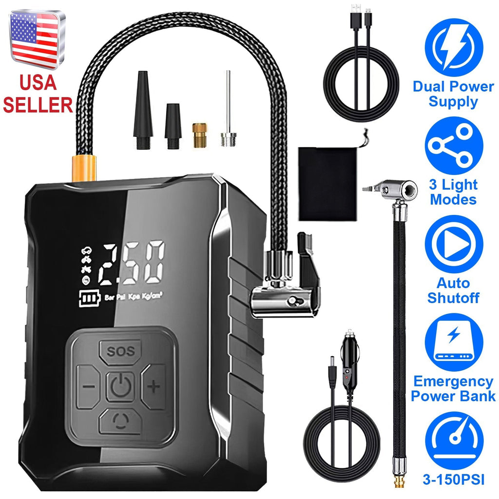 150PSI Cordless Tire Inflator with Car Charger Digital Air Compressor with LED Light Emergency Power Bank for Cars Motorcycles Bicycles Balls