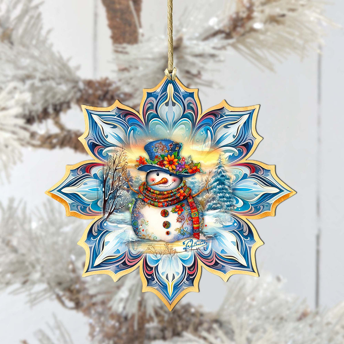 Snowman's Family Snowflake Large Wooden Ornament by G. Debrekht - Christmas Santa Snowman Decor - 8688428M