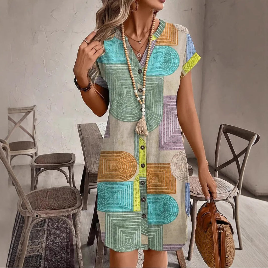 Women's 3D Print V-Neck Button Dress – Digital Print Woven Dress