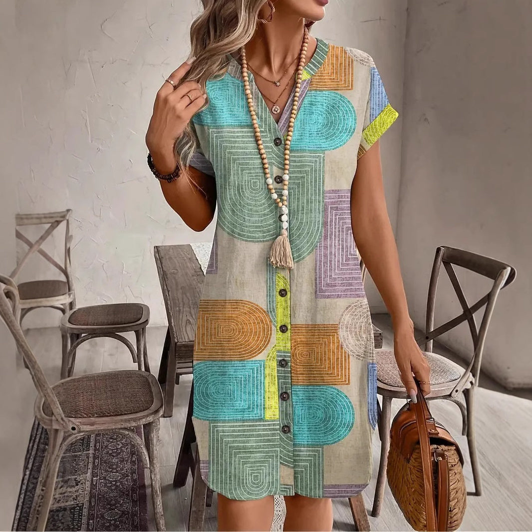 Women's 3D Print V-Neck Button Dress – Digital Print Woven Dress