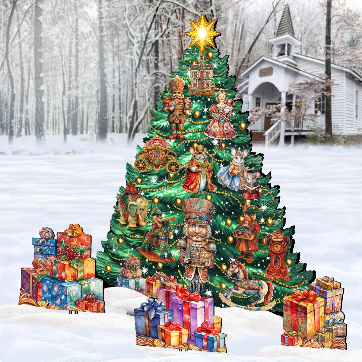 Nutcracker-Themed Christmas Tree Set Outdoor Indoor Décor Wooden Christmas Decoration by G. Debrekht Christmas Décor - 8191501F-G