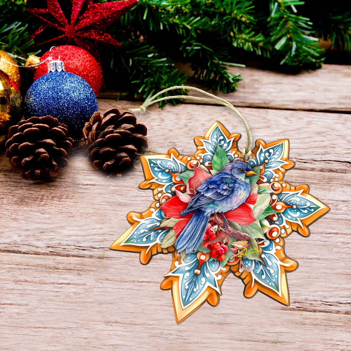 Blue Bird Snowflake Large Wooden Ornament by G. Debrekht - Nature Wildlife Decor - 8688410M