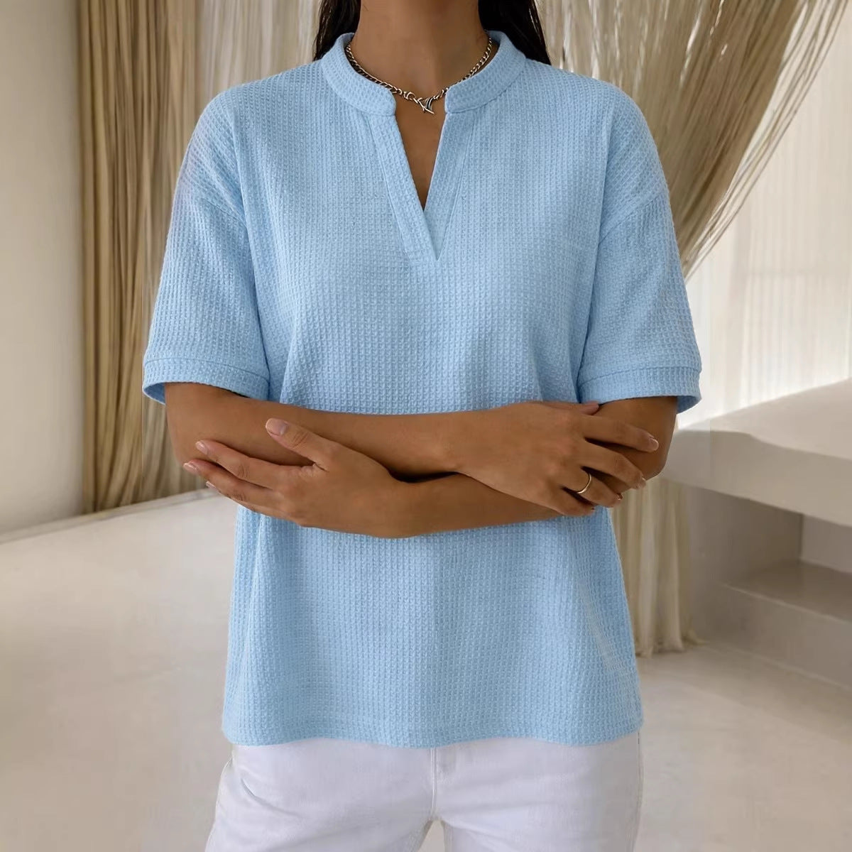 Waffle Knit Short Sleeve Blouse – 7 Colors | S–3XL