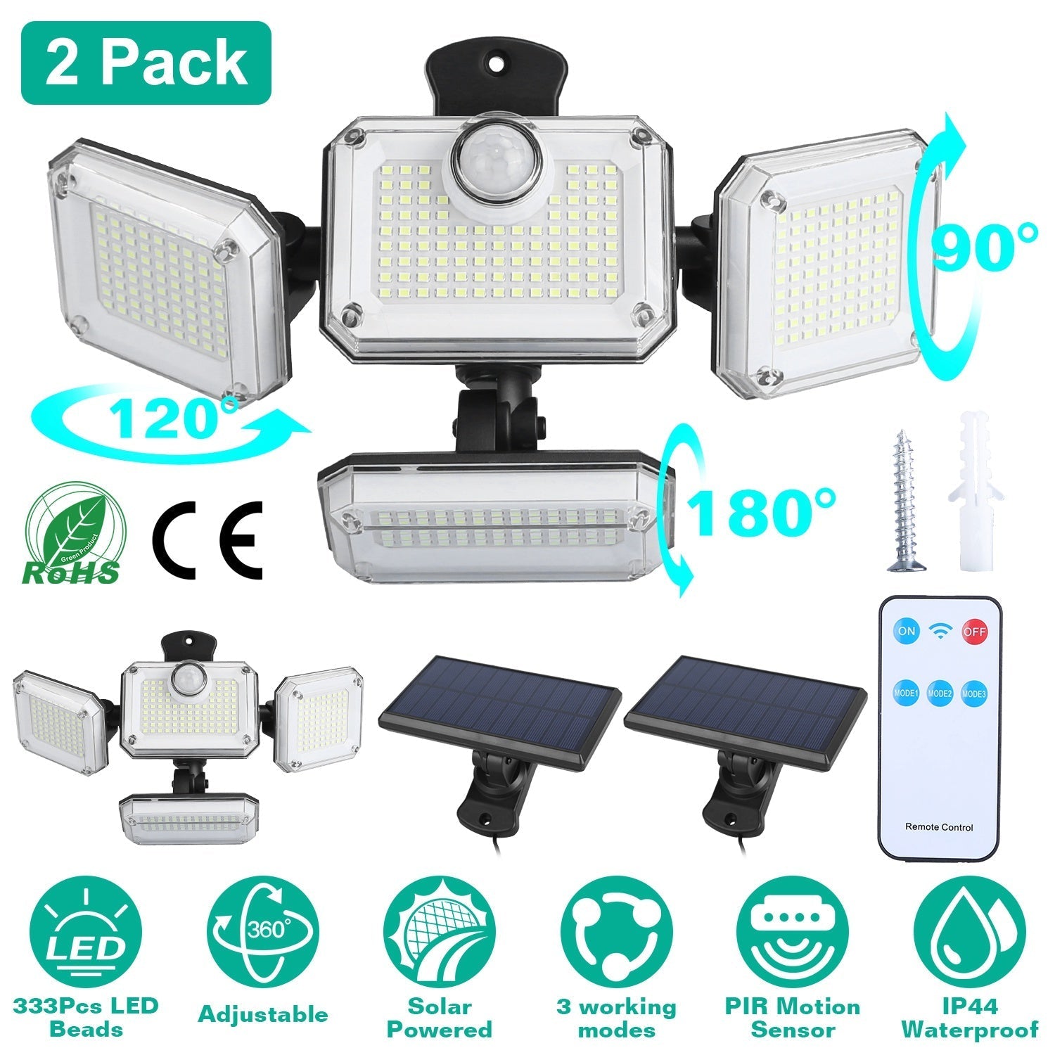 2 Pack Solar Powered Wall Lights IP44 Waterproof Motion Sensor Lamps with Separate Solar Panel 4 Adjustable Heads 333Pcs Beads 120¡ Sensing Angle Remo