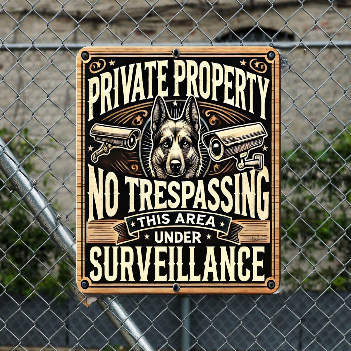 Private Property No Trespassing Surveillance Wooden Sign – Handcrafted Rustic Dog Security Sign by Designocracy – Indoor & Outdoor Décor - 961064