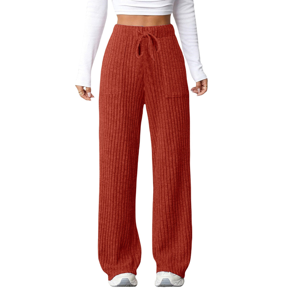 Women's Solid-Color Ribbed Pocket Casual Pants