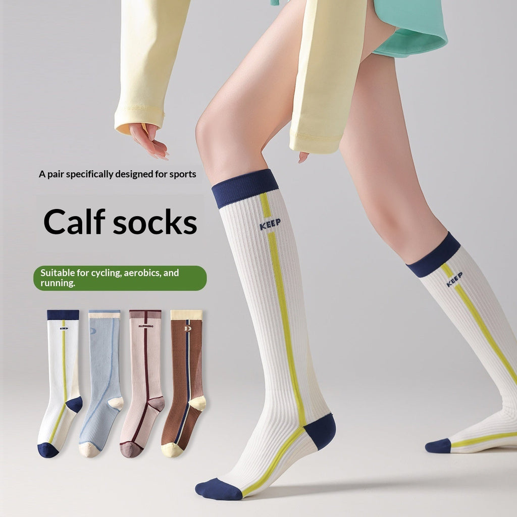 Womens Gradient-compression Calf Socks With Color-block Stripes