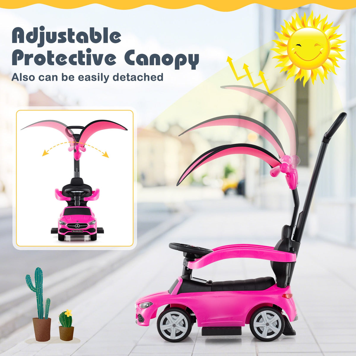 3-in-1 Ride on Push Car Mercedes-Benz Licensed Sliding Car with Canopy-Pink
