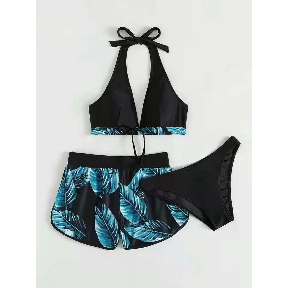 3pcs Leaf Print Bikini with Shorts Fashion Summer