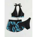 3pcs Leaf Print Bikini with Shorts Fashion Summer
