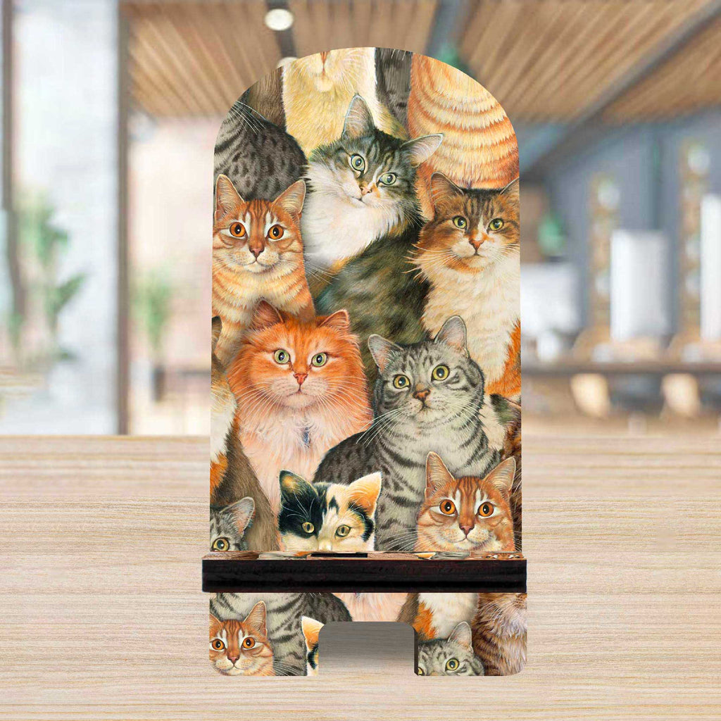 Sophisticated Cats Cell Phone Stand Family Decor - Wood Mobile Tablet Holder Charging Station Organizer - 892039