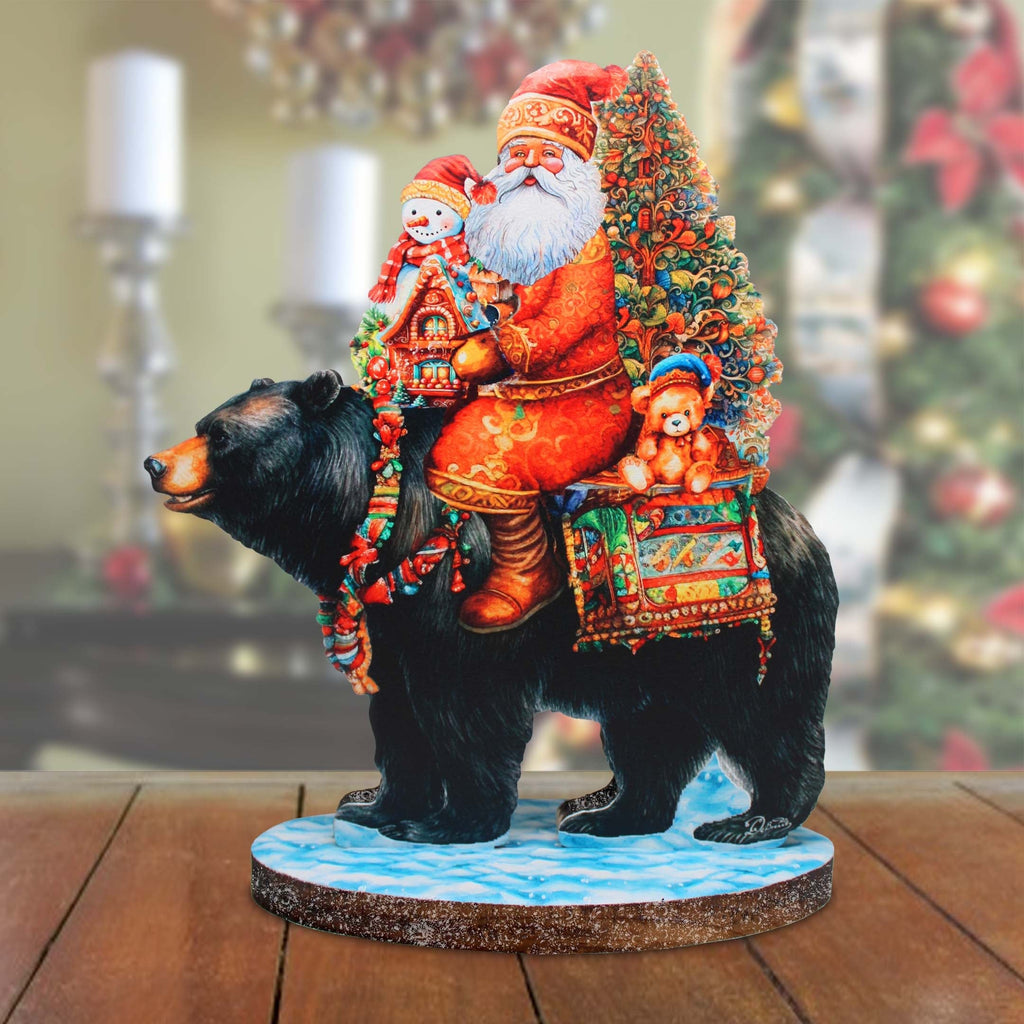 Santa Claus and Black Bear Limited Edition Wooden Figurine by G. Debrekht - Christmas Centerpiece Decoration - 89315