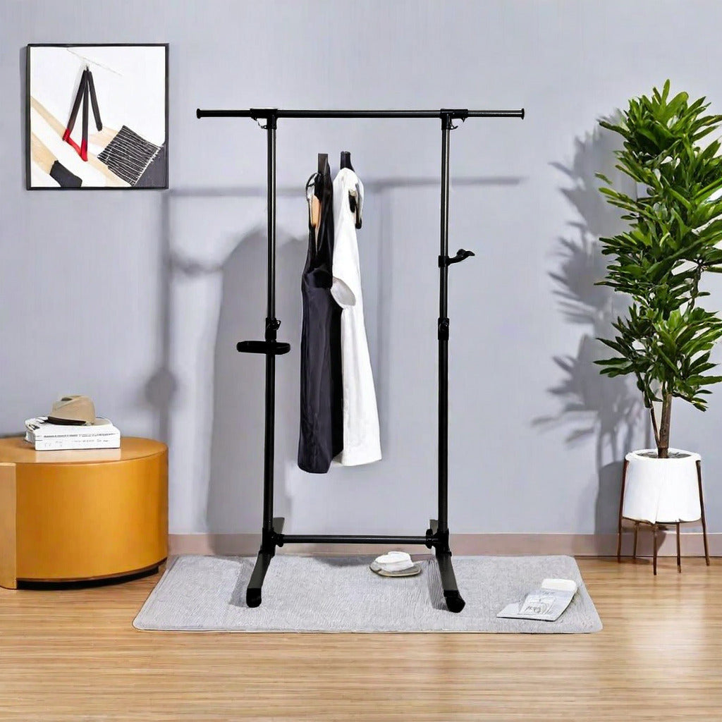 Short clothes hanger with chassis and wheels, heavy-duty rolling clothes hanger, black