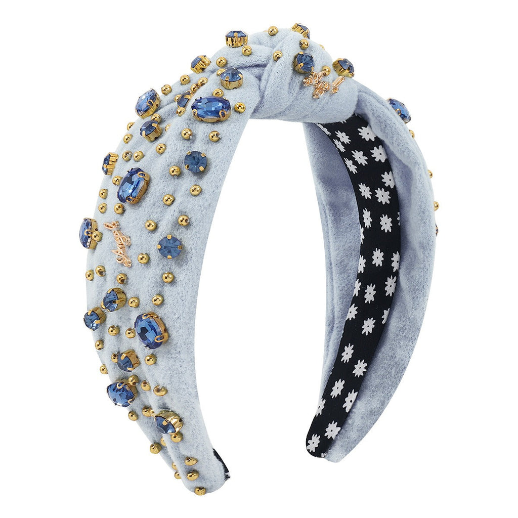 Retro Wide Edge Knot Bead Water Diamond Plush Fabric Thickened Letter Hair Hoop