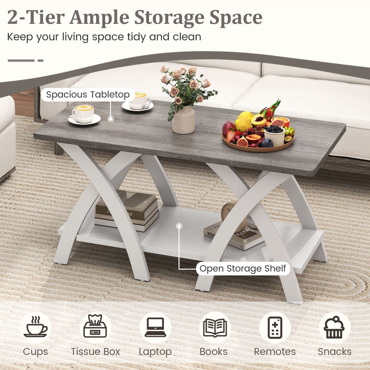 40 Inch Farmhouse Wooden Coffee Table with Storage Shelf with X-shaped Legs-Gray