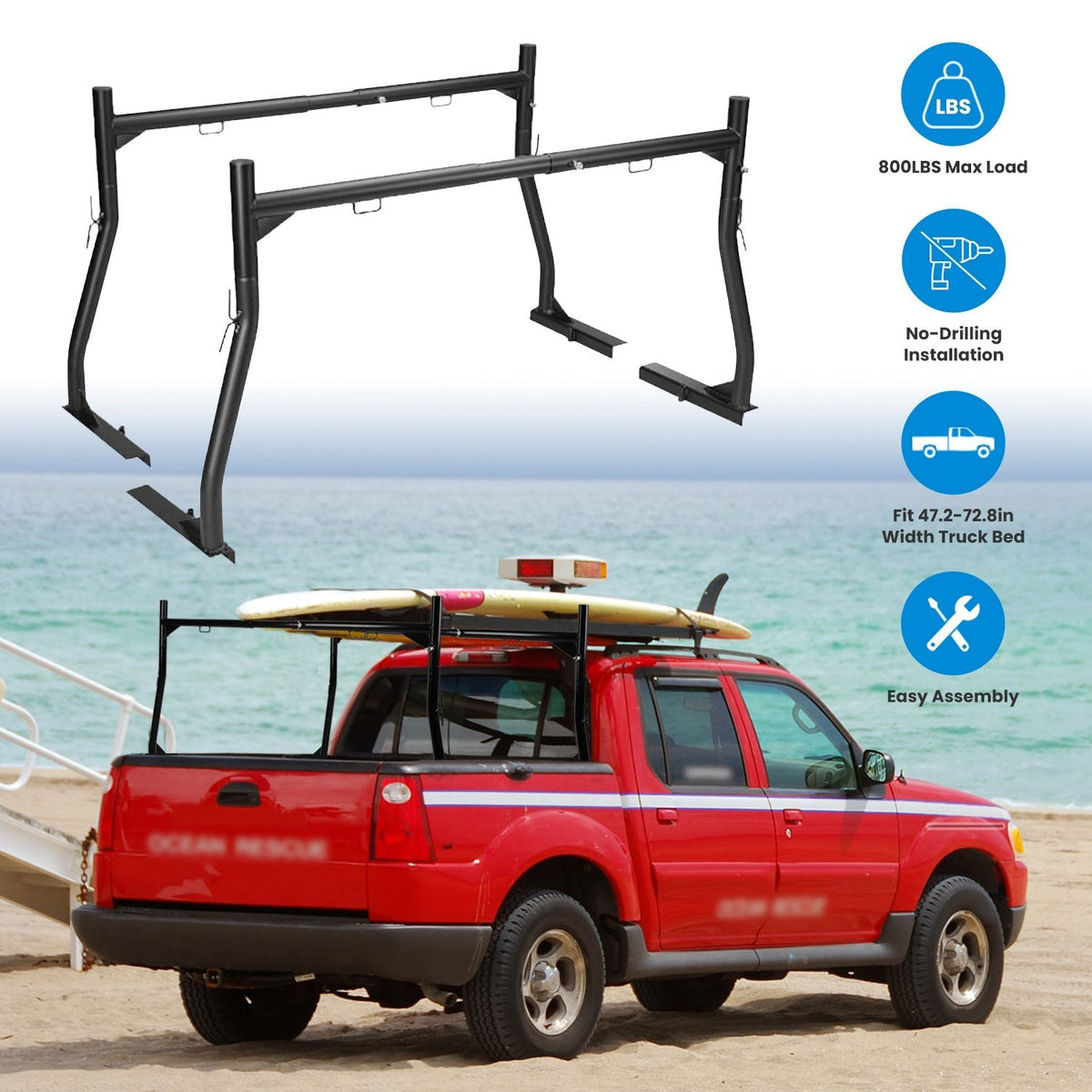 1Pair Extendable Truck Ladder Rack Non-Drilling Pick-up Truck Bed Utility Rack Adjustable Steel Truck Rack with 800LBS Capacity for 47.2-72.8in Wide T