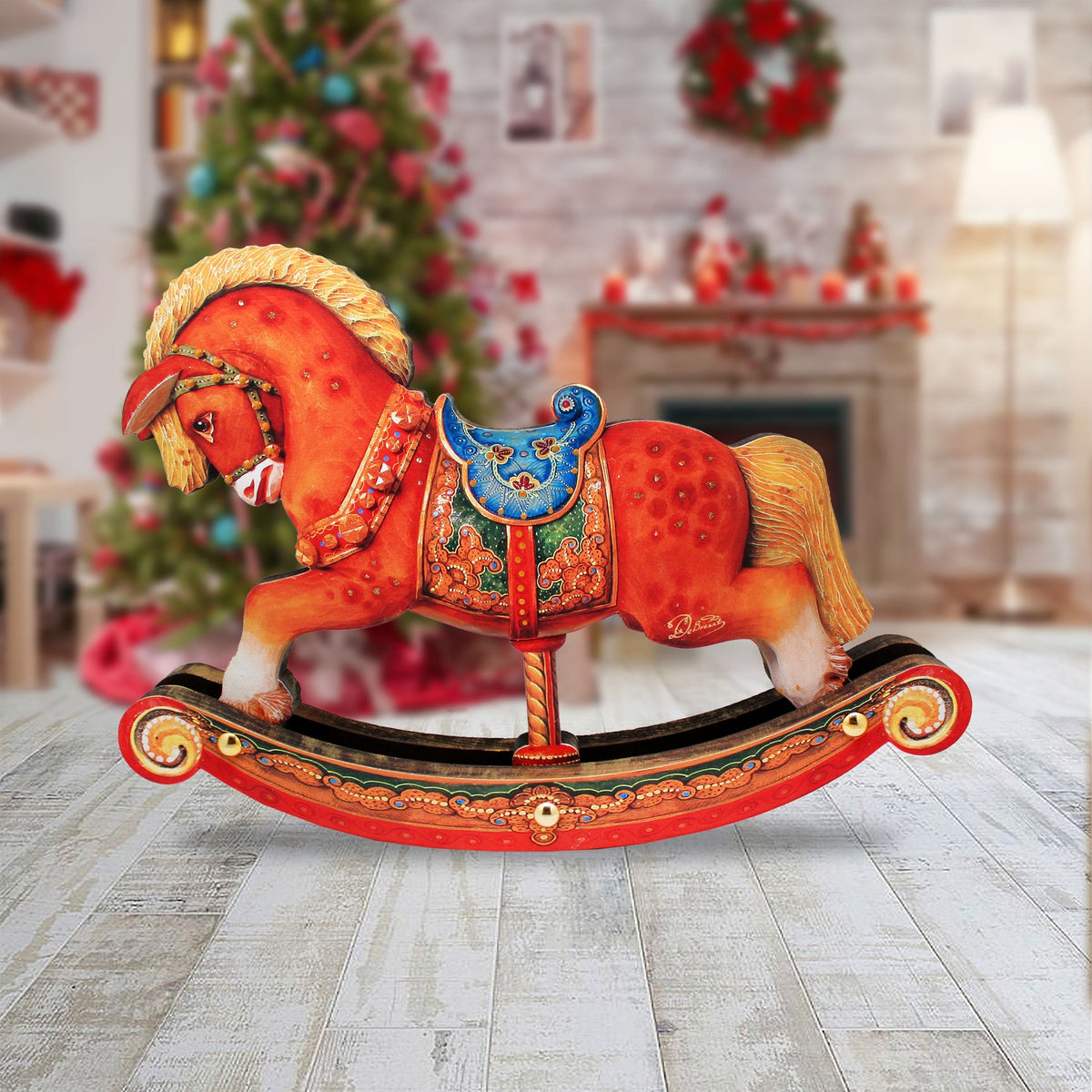 Rocking Horse Decorated Centerpiece Wooden Figurine by G. Debrekht - Christmas Santa and Snowman Decor - 89311
