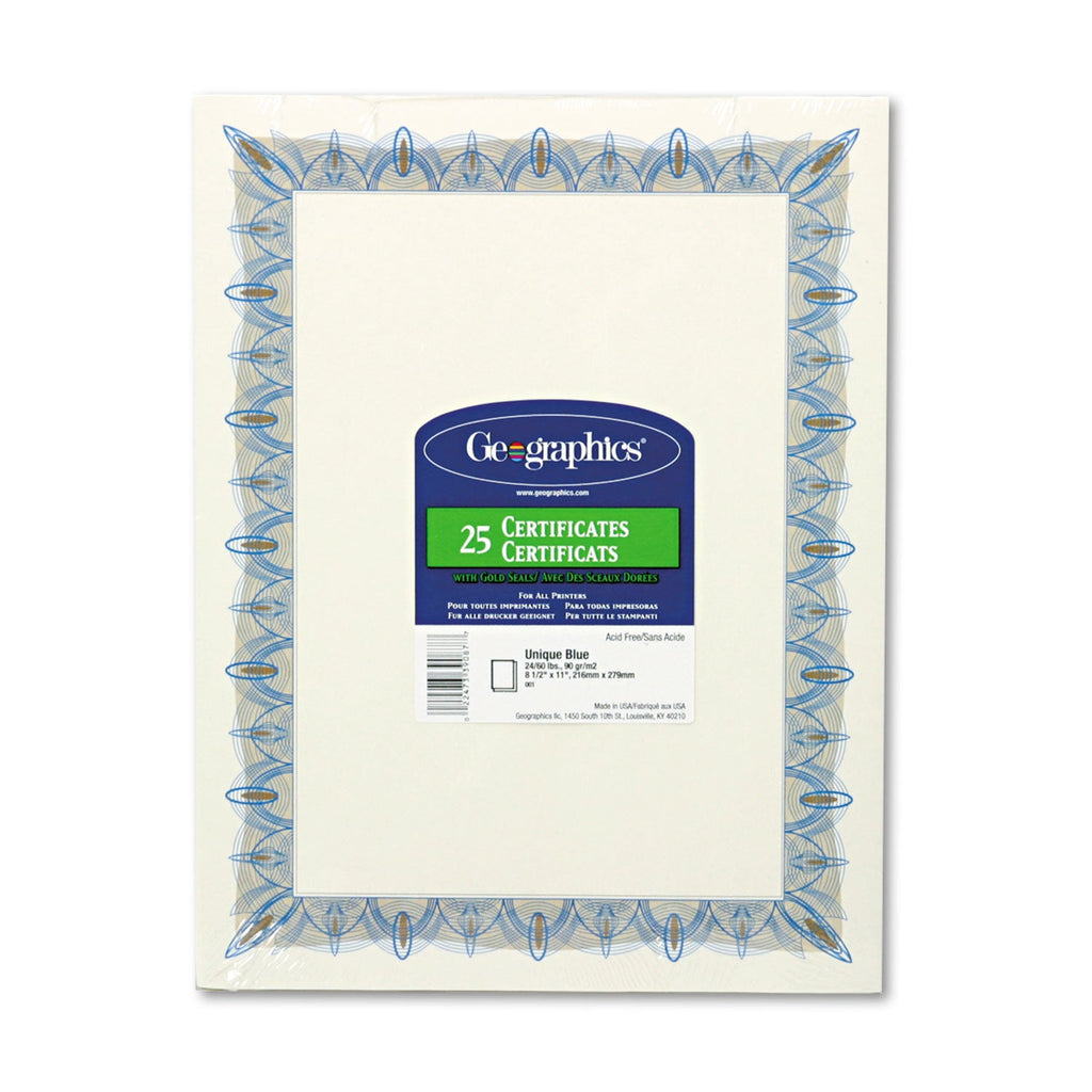 Geographics Award Certificates with Gold Seals, 8.5 x 11, Unique Blue with White Border, 25/Pack