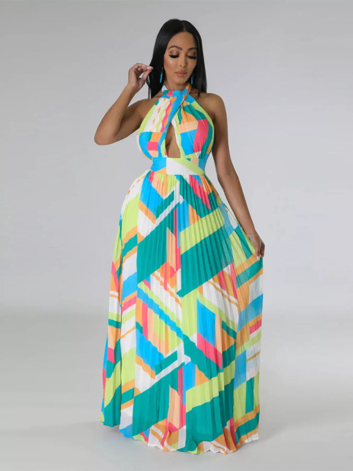 Halter Neck Geometric Print Pleated Maxi Dress