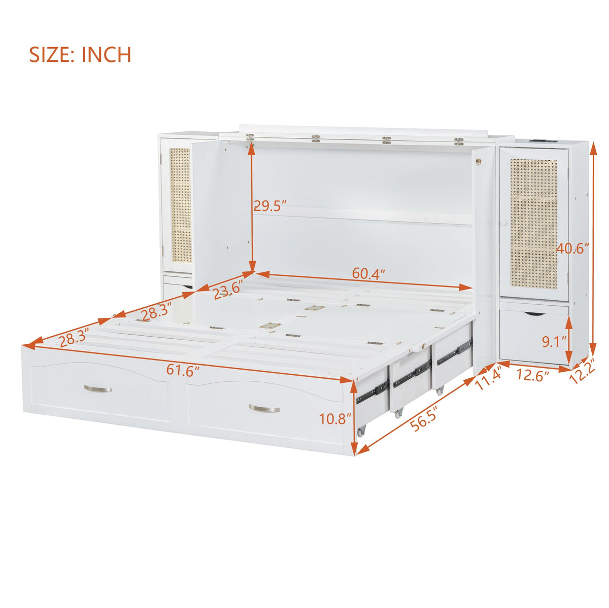 Large Murphy bed wall mounted bed with drawers, 2 storage cabinets, 1 set of sockets and USB ports, white