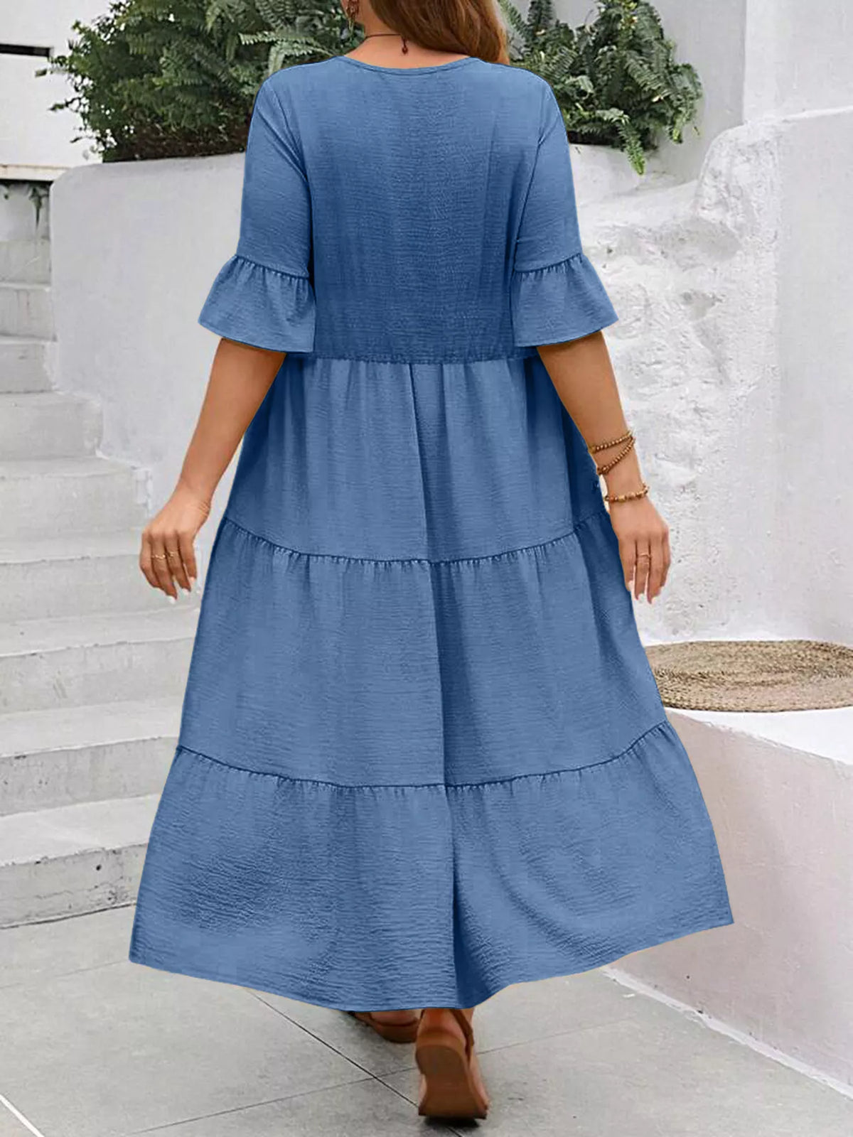Ruffle Sleeves Tiered Midi Dress